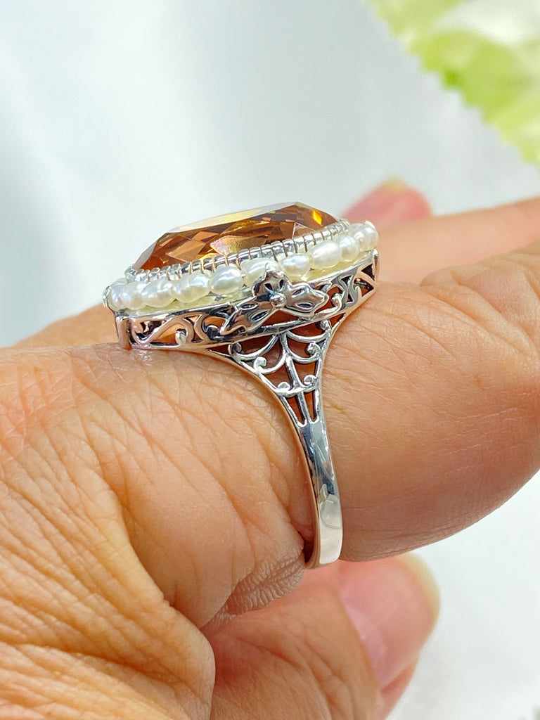 Peach Ring, Topaz & Pearl Ring, Sterling Silver Filigree, Victorian Vintage Jewelry, D3 , Silver Embrace Jewelry