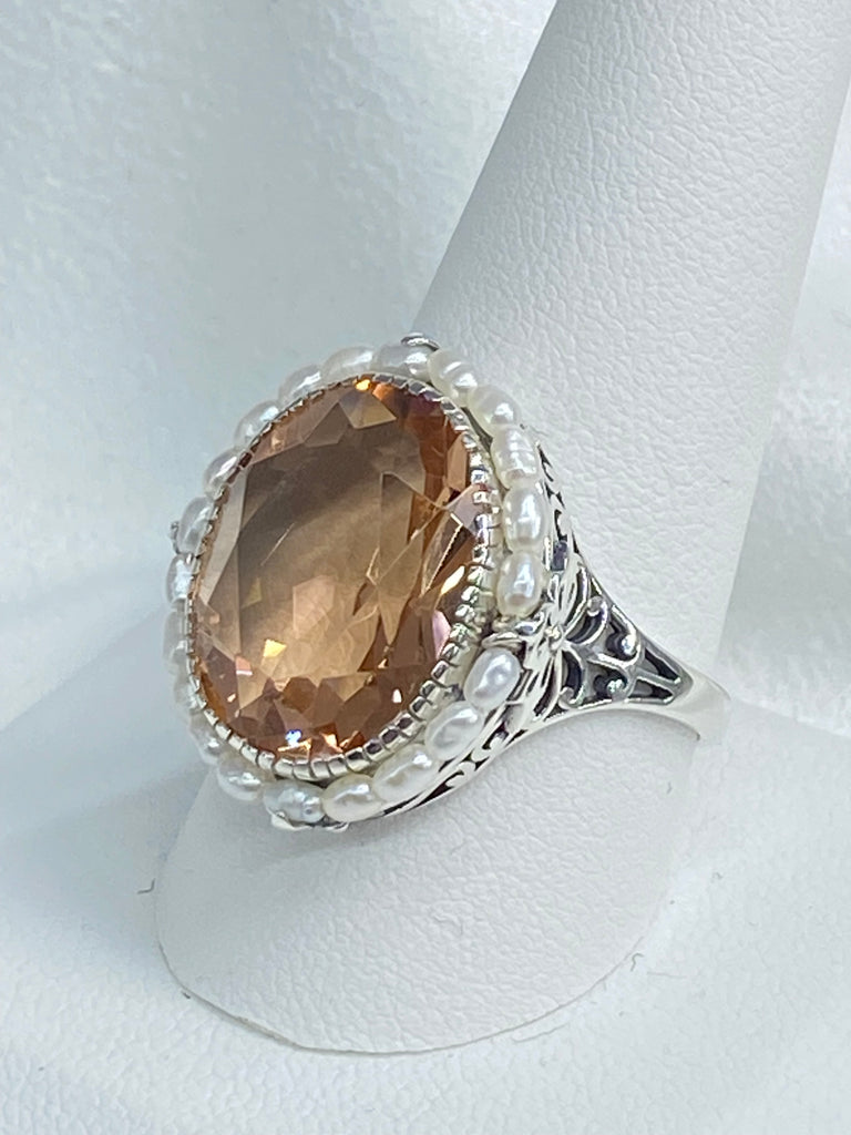 Peach Ring, Topaz & Pearl Ring, Sterling Silver Filigree, Victorian Vintage Jewelry, D3 , Silver Embrace Jewelry