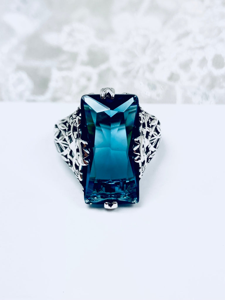 London Blue Topaz Ring, Baguette Gem, Intaglio design, Victorian Sterling silver Filigree Jewelry, Silver Embrace Jewelry, D31