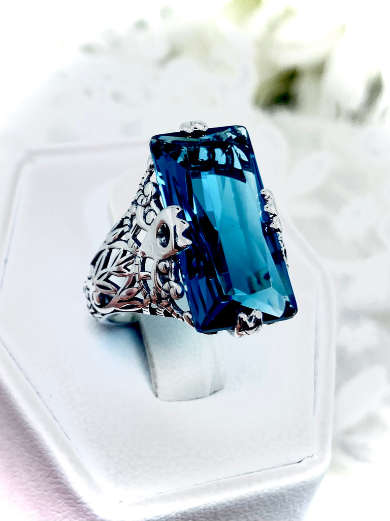London Blue Topaz Ring, Baguette Gem, Intaglio design, Victorian Sterling silver Filigree Jewelry, Silver Embrace Jewelry, D31