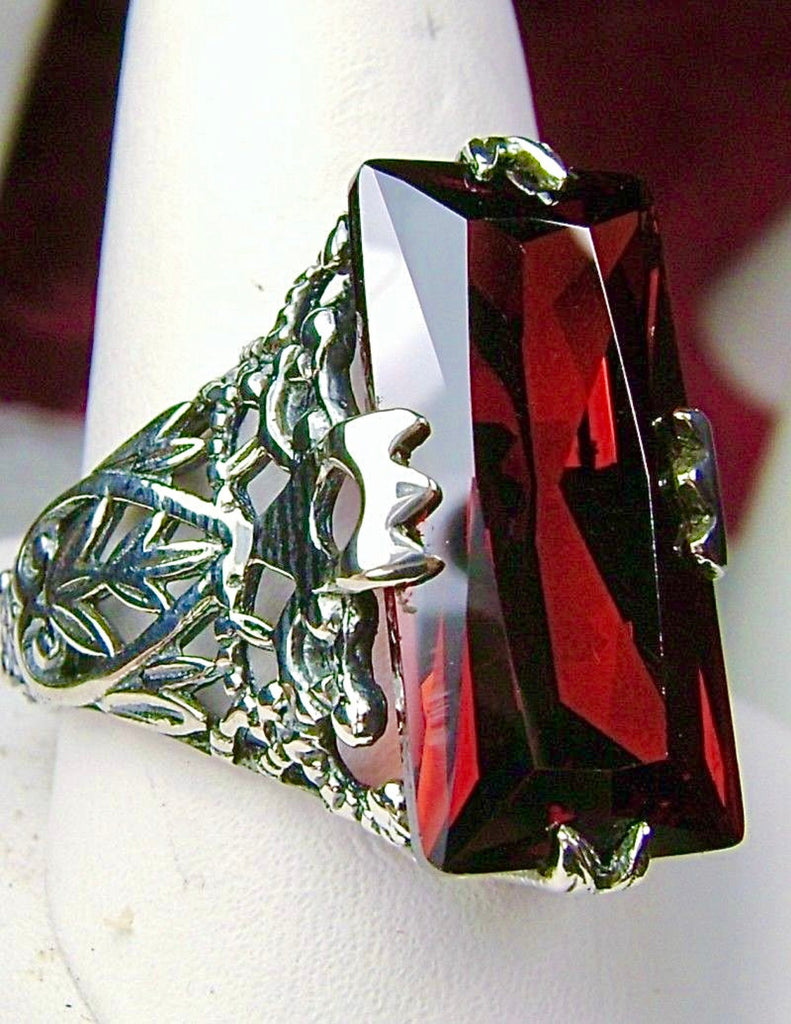 Garnet CZ Ring, Baguette Gemstone, Intaglio Ring, Victorian Jewelry, Silver Embrace Jewelry, D31 