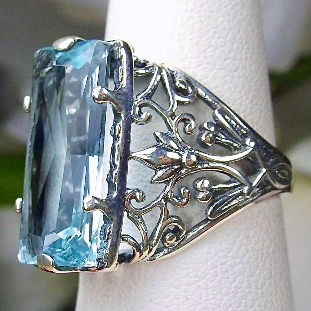 Sky Blue Aquamarine Ring, Baguette Gem, Floral Leaf Filigree, sterling silver Victorian design jewelry, Silver Embrace Jewelry, D32