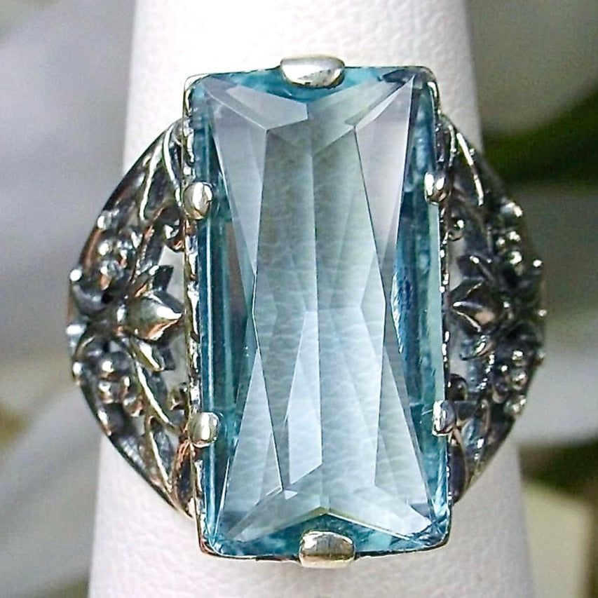 Sky Blue Aquamarine Ring, Baguette Gem, Floral Leaf Filigree, sterling silver Victorian design jewelry, Silver Embrace Jewelry, D32