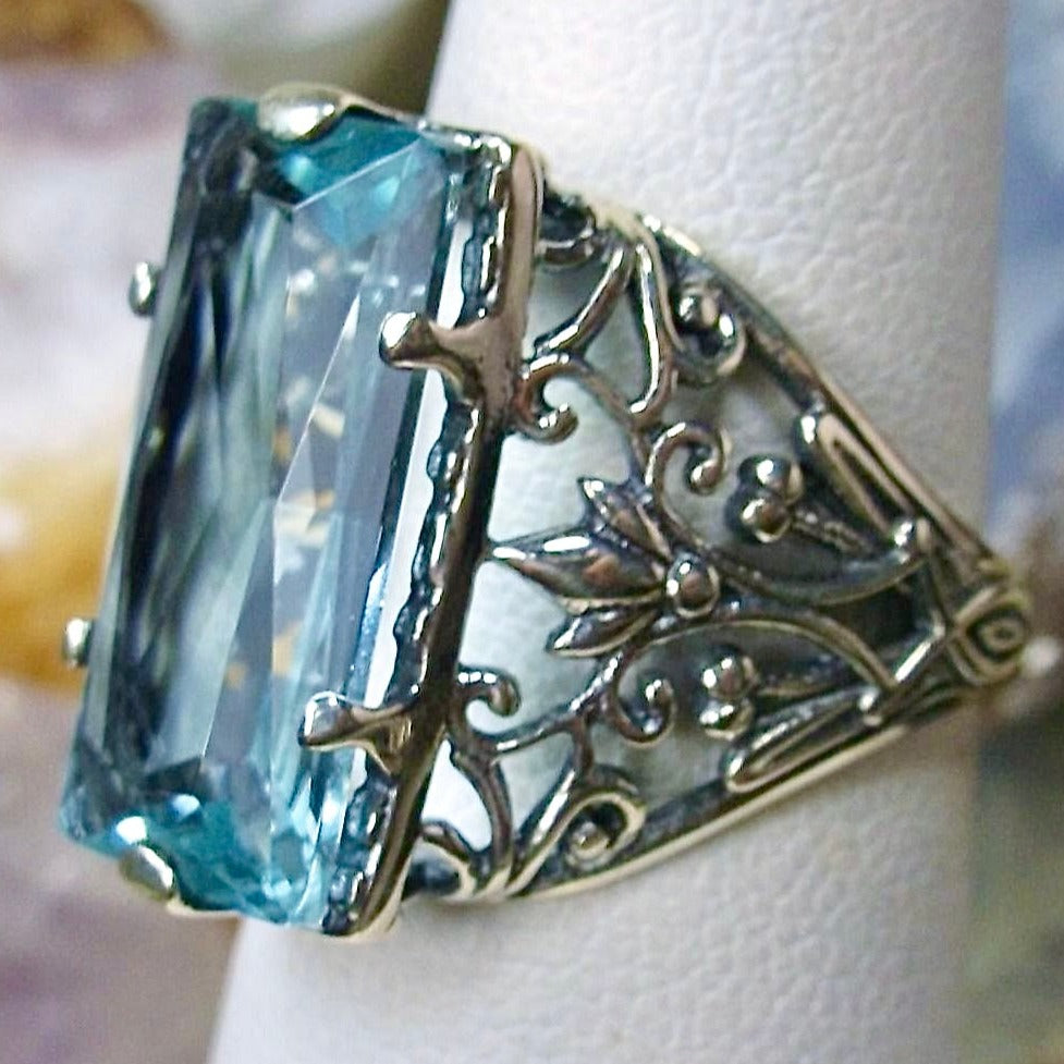 Sky Blue Aquamarine Ring, Baguette Gem, Floral Leaf Filigree, sterling silver Victorian design jewelry, Silver Embrace Jewelry, D32