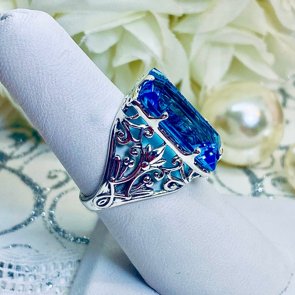 Aqua CZ Ring, Baguette Gem, Floral Leaf Filigree, sterling silver Victorian design jewelry, Silver Embrace Jewelry, D32