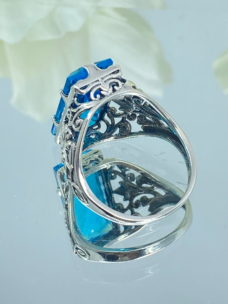 Aqua CZ Ring, Baguette Gem, Floral Leaf Filigree, sterling silver Victorian design jewelry, Silver Embrace Jewelry, D32