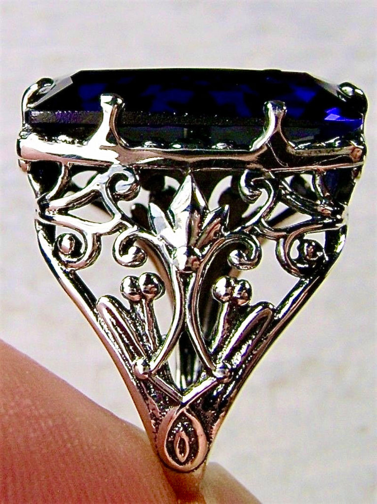 Blue Sapphire Ring, Baguette Gem, Floral Leaf Filigree, sterling silver Victorian design jewelry, Silver Embrace Jewelry, D32