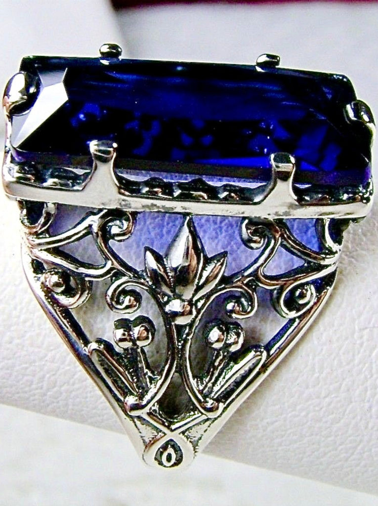 Blue Sapphire Ring, Baguette Gem, Floral Leaf Filigree, sterling silver Victorian design jewelry, Silver Embrace Jewelry, D32