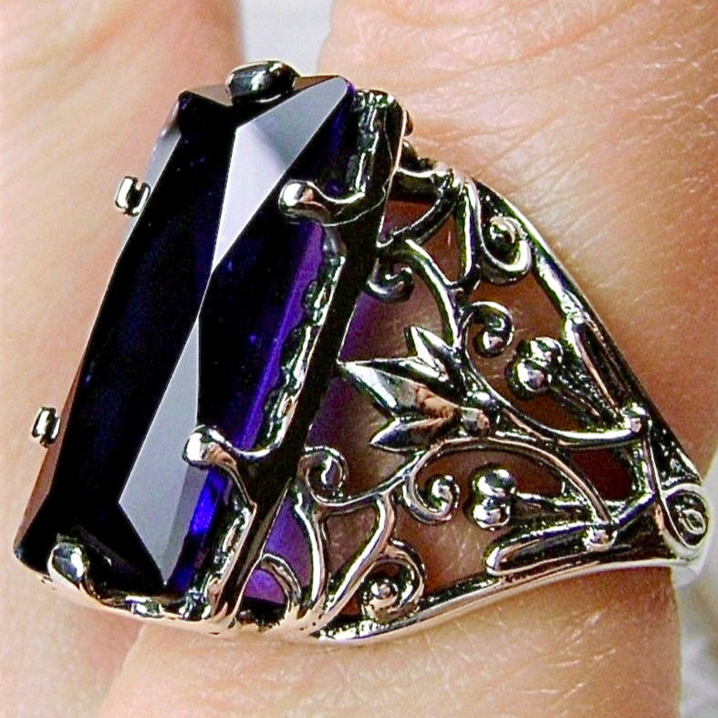 Blue Sapphire Ring, Baguette Gem, Floral Leaf Filigree, sterling silver Victorian design jewelry, Silver Embrace Jewelry, D32