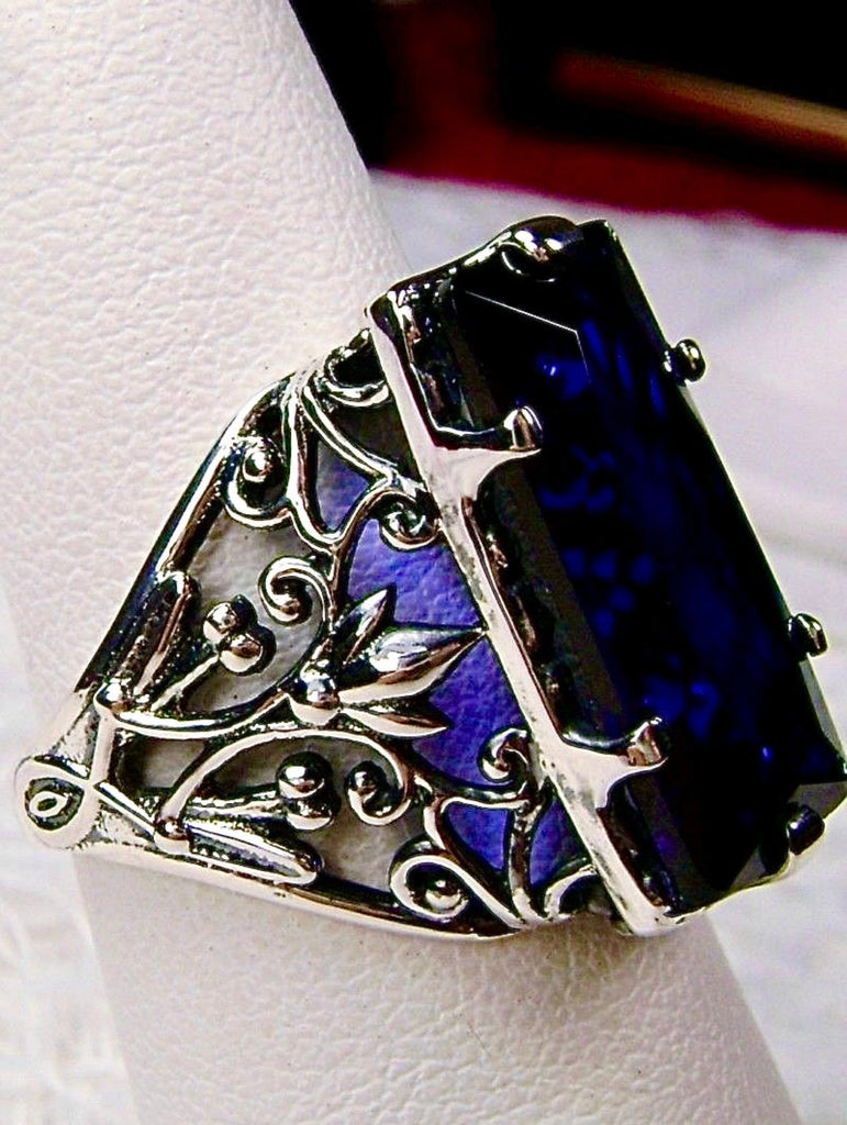 Blue Sapphire Ring, Baguette Gem, Floral Leaf Filigree, sterling silver Victorian design jewelry, Silver Embrace Jewelry, D32