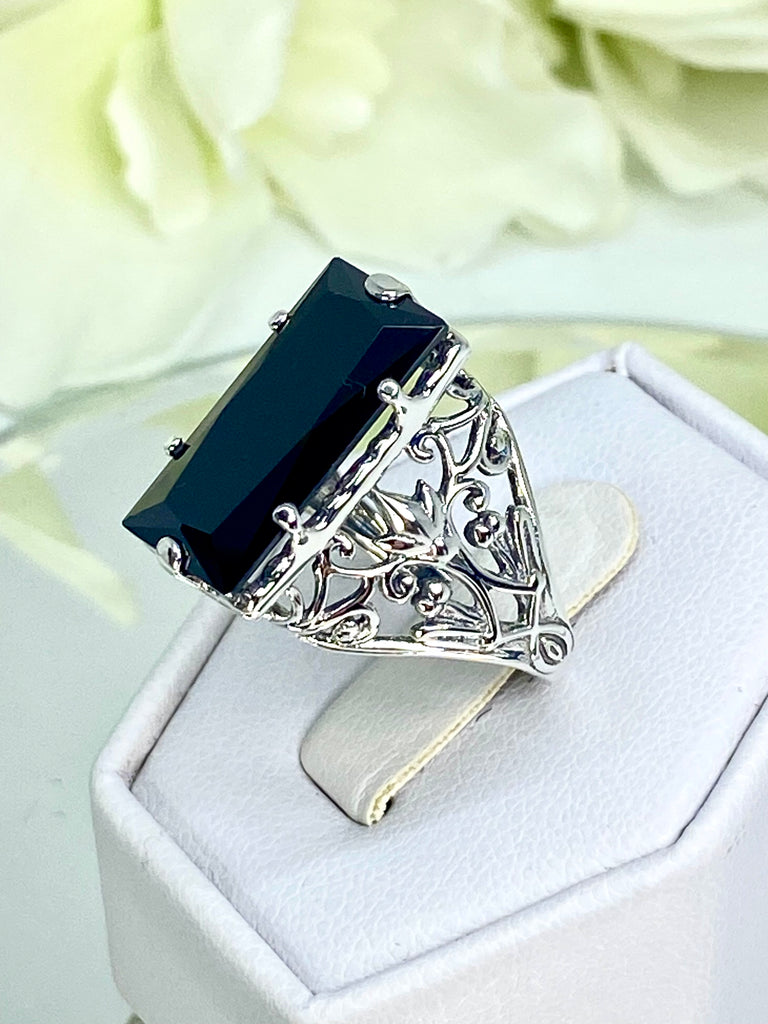 Black CZ Baguette Ring, Victorian Sterling silver Filigree, Baguette Gemstone, Silver Embrace Jewelry, D32 Baguette Design
