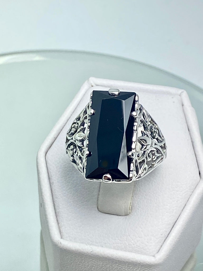 Black CZ Ring, Baguette Gemstone, Sterling silver Filigree, Silver Embrace Jewelry, Baguette, D32