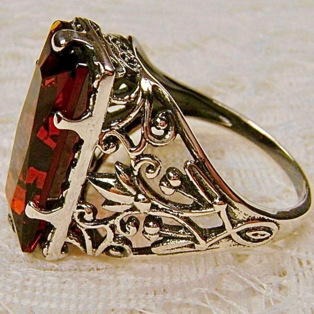 Orange Citrine Ring, Baguette Gem, Floral Leaf Filigree, sterling silver Victorian design jewelry, Silver Embrace Jewelry, D32