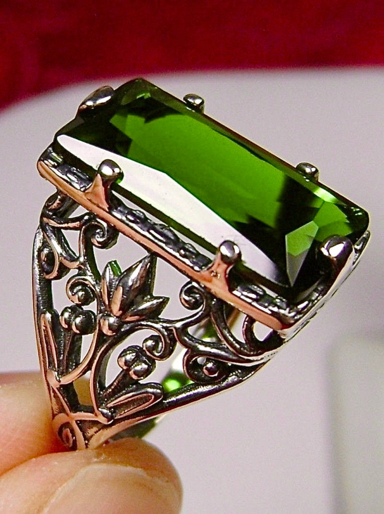 Green Emerald Ring, Baguette Gem, Floral Leaf Filigree, sterling silver Victorian design jewelry, Silver Embrace Jewelry, D32