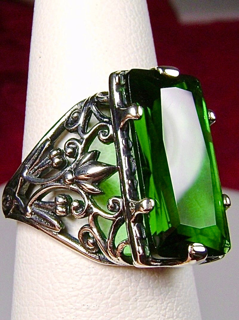 Green Emerald Ring, Baguette Gem, Floral Leaf Filigree, sterling silver Victorian design jewelry, Silver Embrace Jewelry, D32