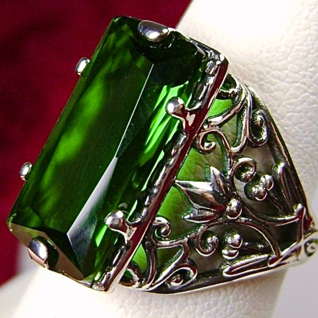 Green Emerald Ring, Baguette Gem, Floral Leaf Filigree, sterling silver Victorian design jewelry, Silver Embrace Jewelry, D32