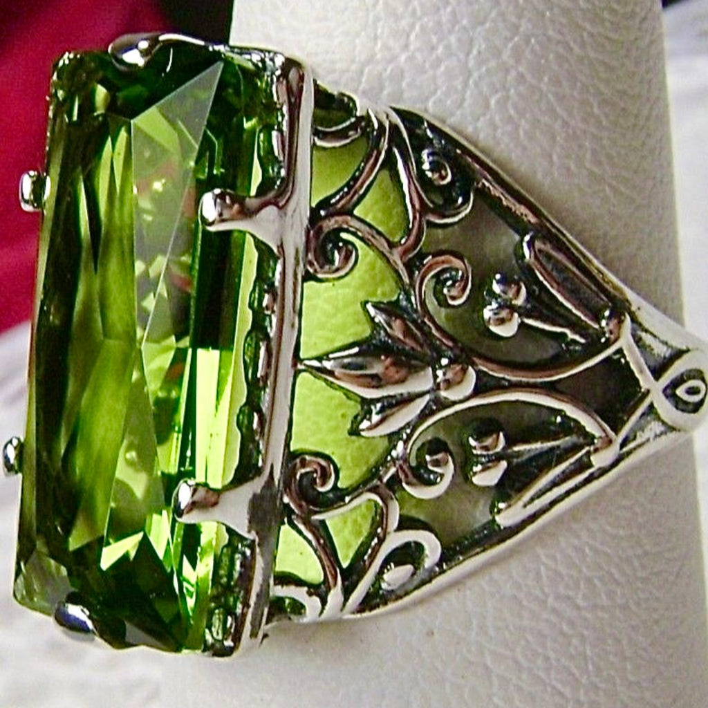 Green Peridot Ring, Baguette Gem, Floral Leaf Filigree, sterling silver Victorian design jewelry, Silver Embrace Jewelry, D32