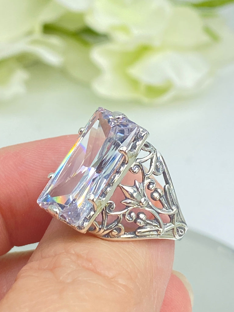 White CZ ring, Cubic Zirconia Baguette gem, Floral Leaf Filigree, Victorian Jewelry, Sterling silver Filigree, D32, Silver Embrace jewelry