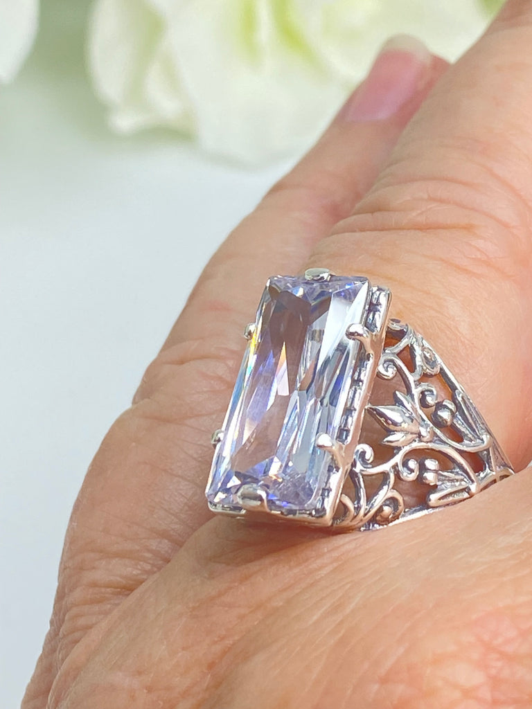 White CZ ring, Cubic Zirconia Baguette gem, Floral Leaf Filigree, Victorian Jewelry, Sterling silver Filigree, D32, Silver Embrace jewelry