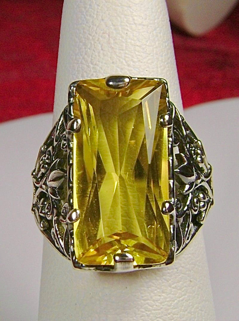 Yellow Citrine Ring, Baguette Gem, Floral Leaf Filigree, sterling silver Victorian design jewelry, Silver Embrace Jewelry, D32