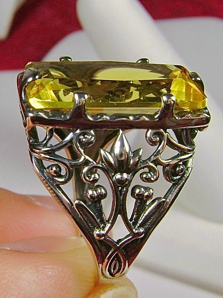 Yellow Citrine Ring, Baguette Gem, Floral Leaf Filigree, sterling silver Victorian design jewelry, Silver Embrace Jewelry, D32
