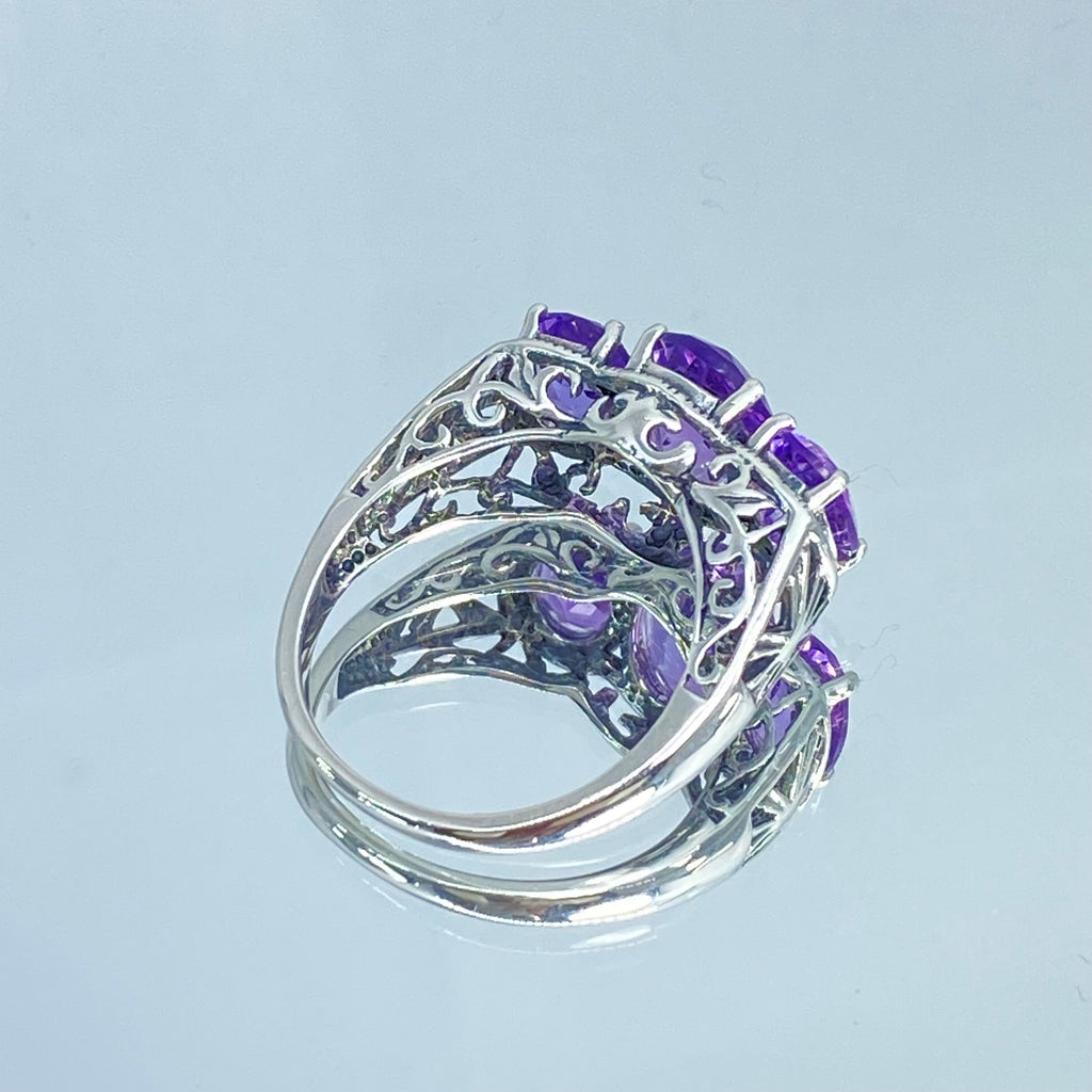 Natural Amethyst Ring, three stone, Sterling silver filigree, Art Deco jewelry, Silver embrace Jewelry, D36, 3Stone Ring