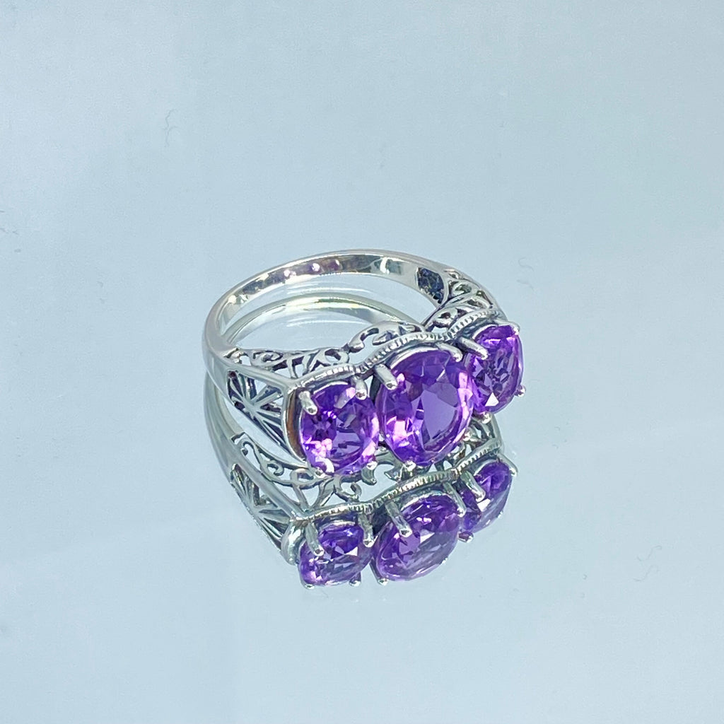 Natural Amethyst Ring, three stone, Sterling silver filigree, Art Deco jewelry, Silver embrace Jewelry, D36, 3Stone Ring