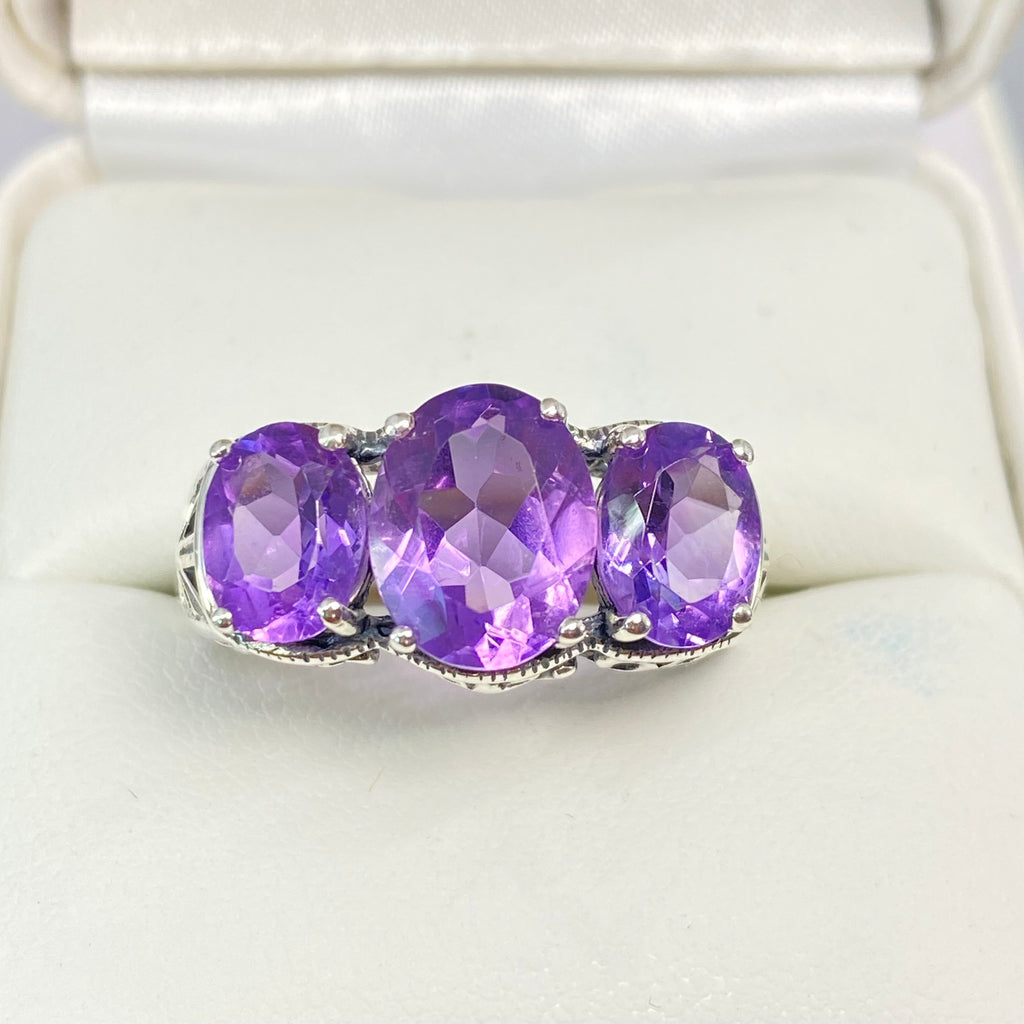 Natural Amethyst Ring, three stone, Sterling silver filigree, Art Deco jewelry, Silver embrace Jewelry, D36, 3Stone Ring