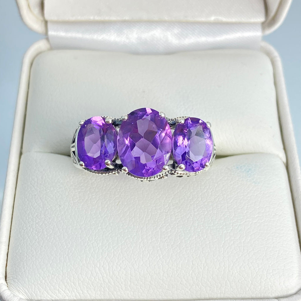 Natural Amethyst Ring, three stone, Sterling silver filigree, Art Deco jewelry, Silver embrace Jewelry, D36, 3Stone Ring