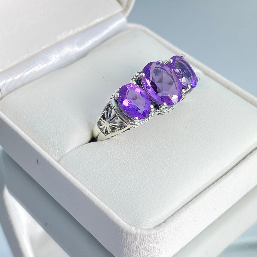 Natural Amethyst Ring, three stone, Sterling silver filigree, Art Deco jewelry, Silver embrace Jewelry, D36, 3Stone Ring