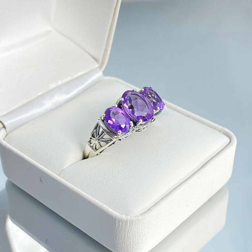 Natural Amethyst Ring, three stone, Sterling silver filigree, Art Deco jewelry, Silver embrace Jewelry, D36, 3Stone Ring
