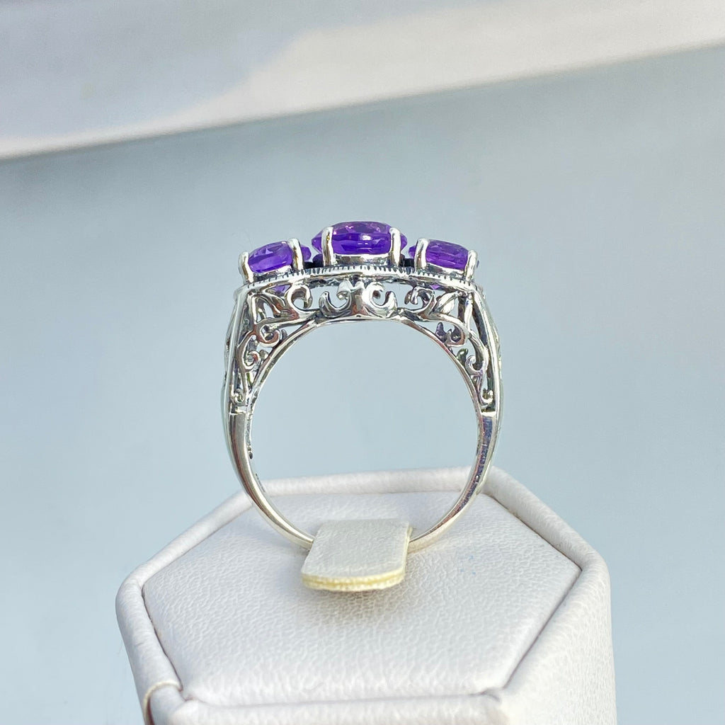 Natural Amethyst Ring, three stone, Sterling silver filigree, Art Deco jewelry, Silver embrace Jewelry, D36, 3Stone Ring