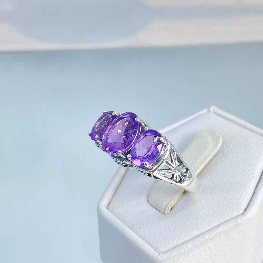 Natural Amethyst Ring, three stone, Sterling silver filigree, Art Deco jewelry, Silver embrace Jewelry, D36, 3Stone Ring