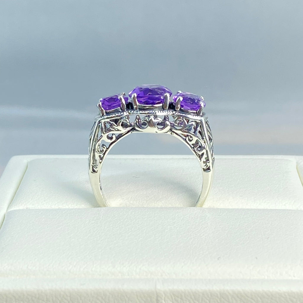 Natural Amethyst Ring, three stone, Sterling silver filigree, Art Deco jewelry, Silver embrace Jewelry, D36, 3Stone Ring