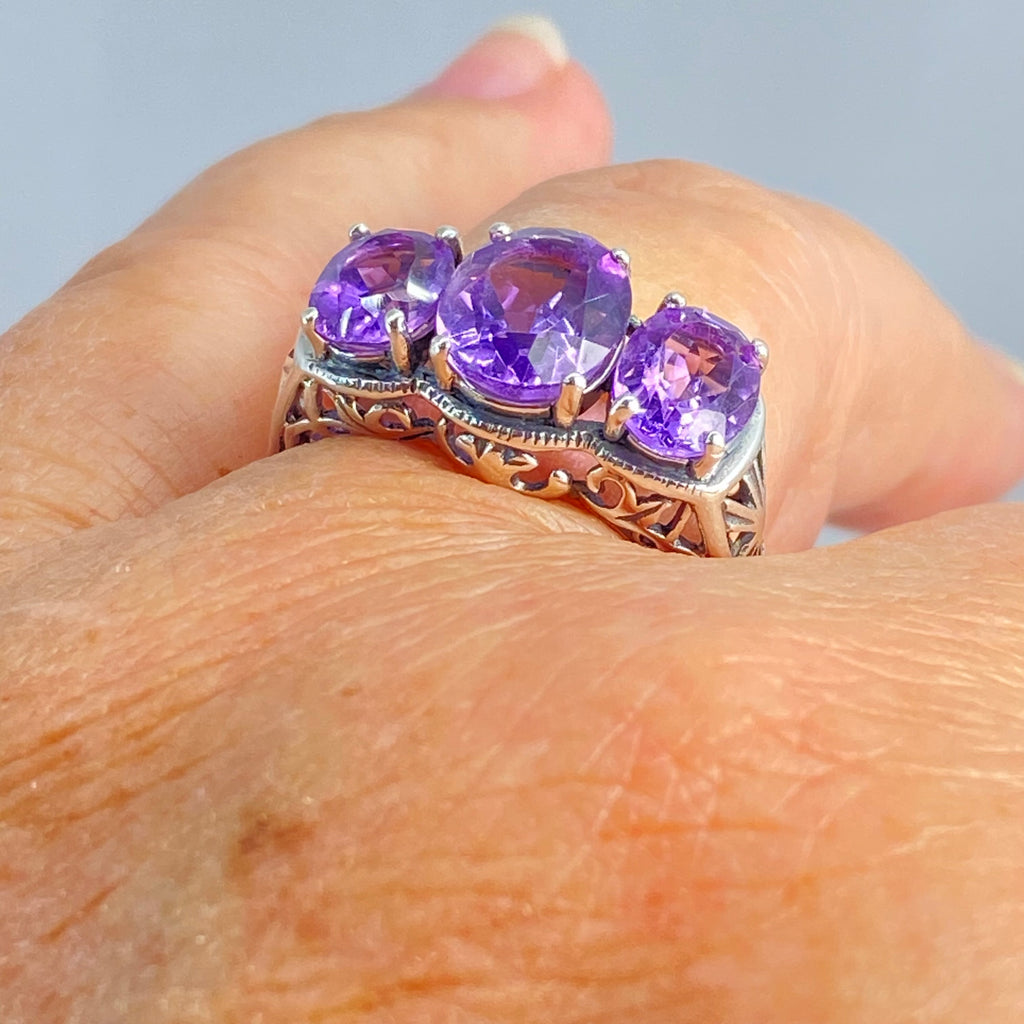 Natural Amethyst Ring, three stone, Sterling silver filigree, Art Deco jewelry, Silver embrace Jewelry, D36, 3Stone Ring