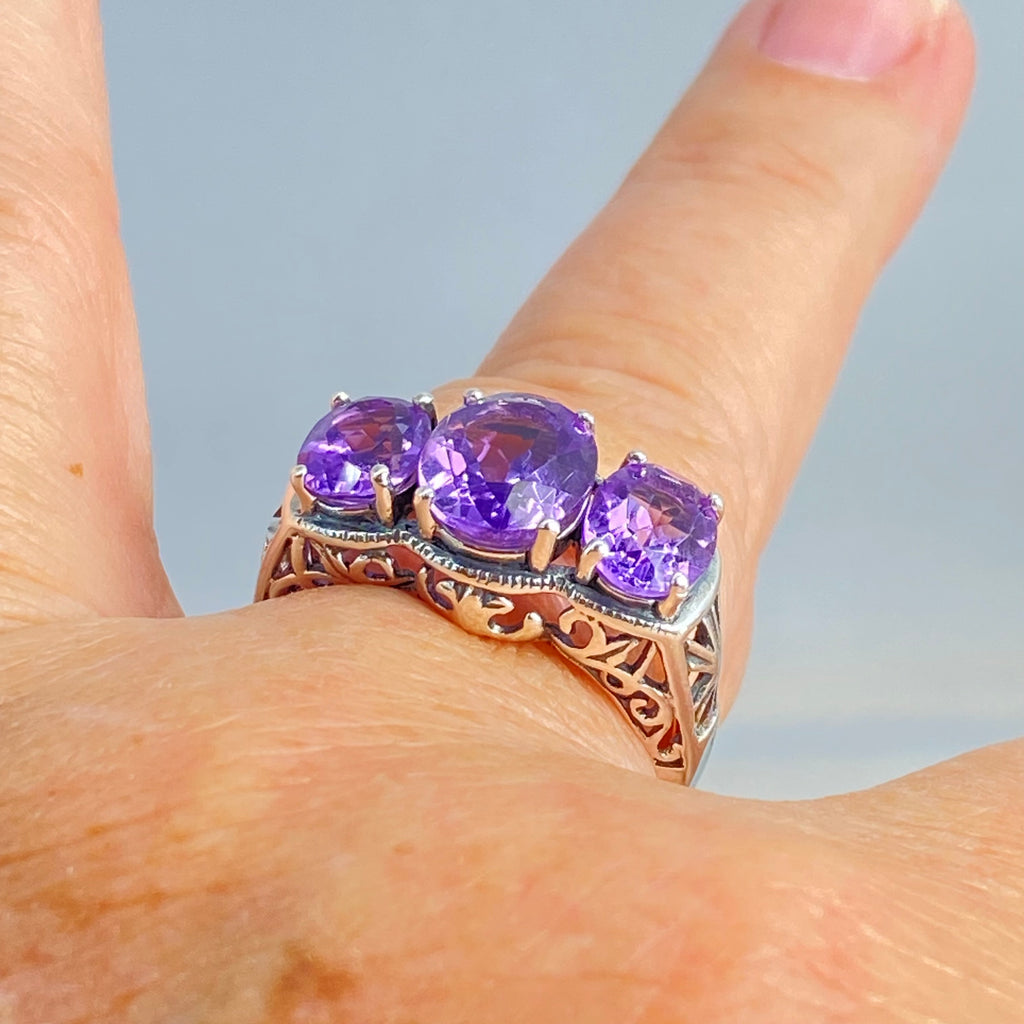 Natural Amethyst Ring, three stone, Sterling silver filigree, Art Deco jewelry, Silver embrace Jewelry, D36, 3Stone Ring