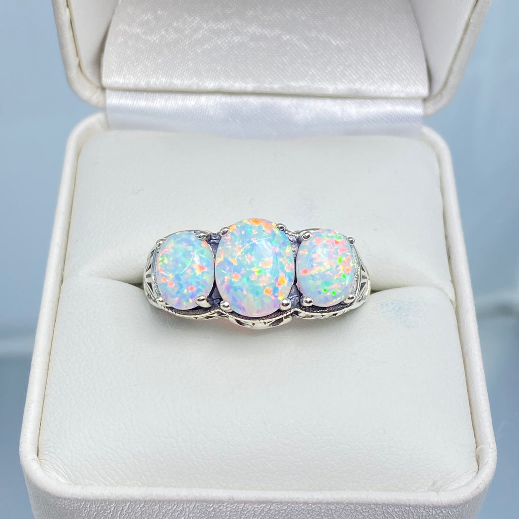 Rainbow Opal Ring, Triple 3-Stone design, sterling silver filigree, Art Deco Jewelry, D36, Silver Embrace Jewelry