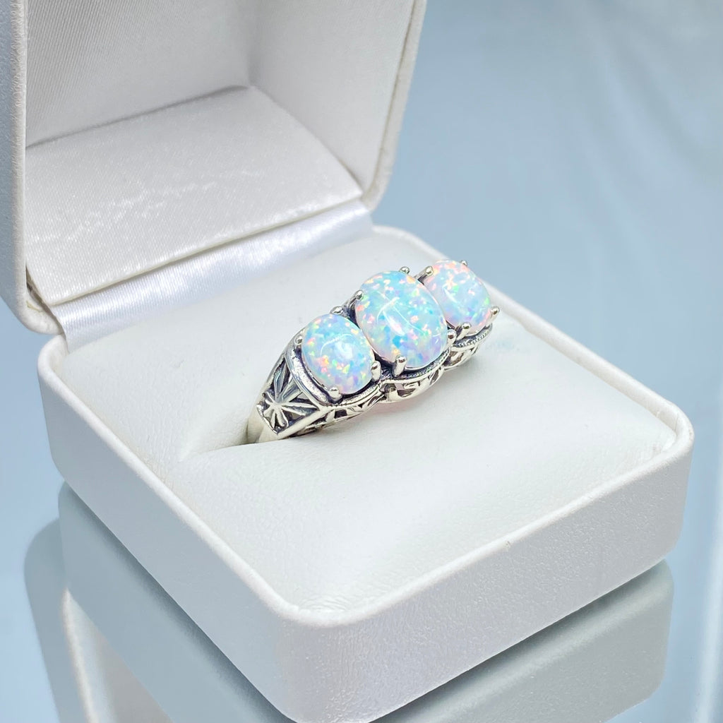 Rainbow Opal Ring, Triple 3-Stone design, sterling silver filigree, Art Deco Jewelry, D36, Silver Embrace Jewelry