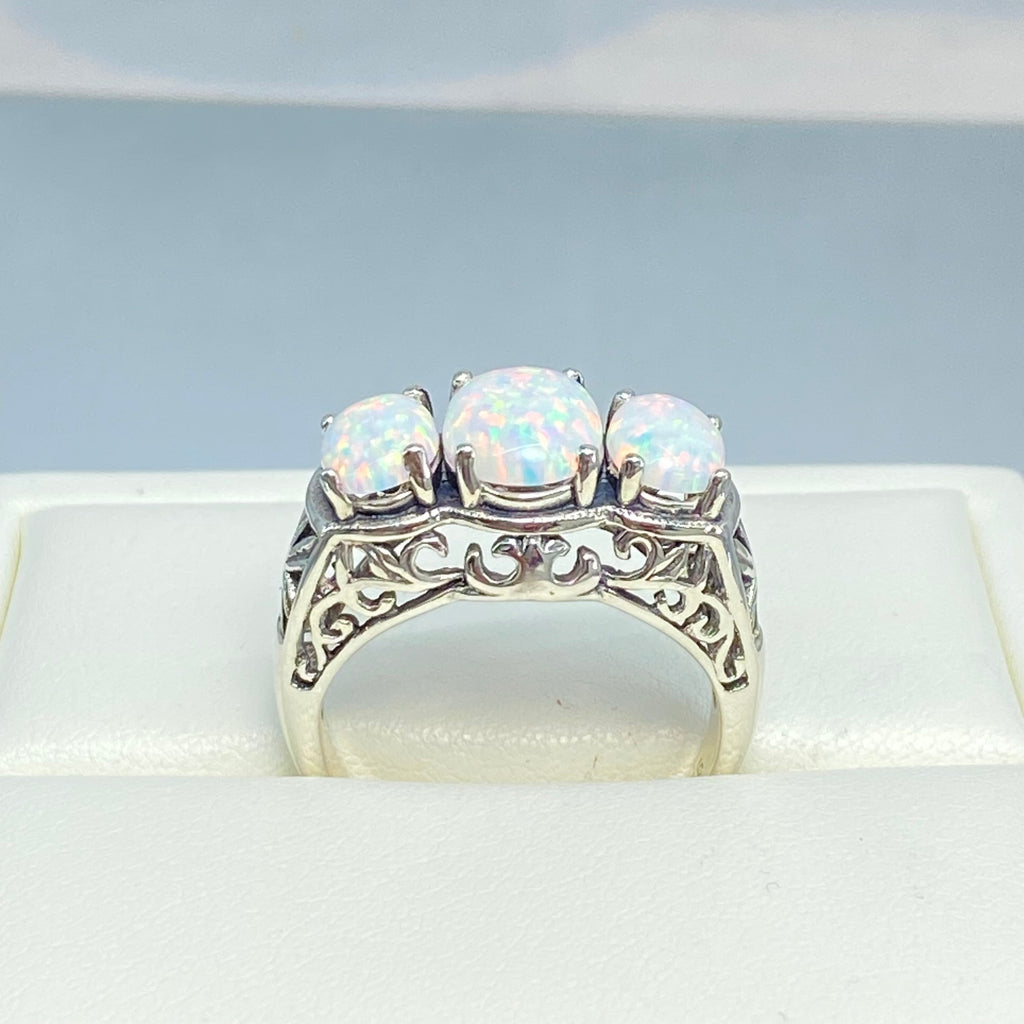 Rainbow Opal Ring, Triple 3-Stone design, sterling silver filigree, Art Deco Jewelry, D36, Silver Embrace Jewelry