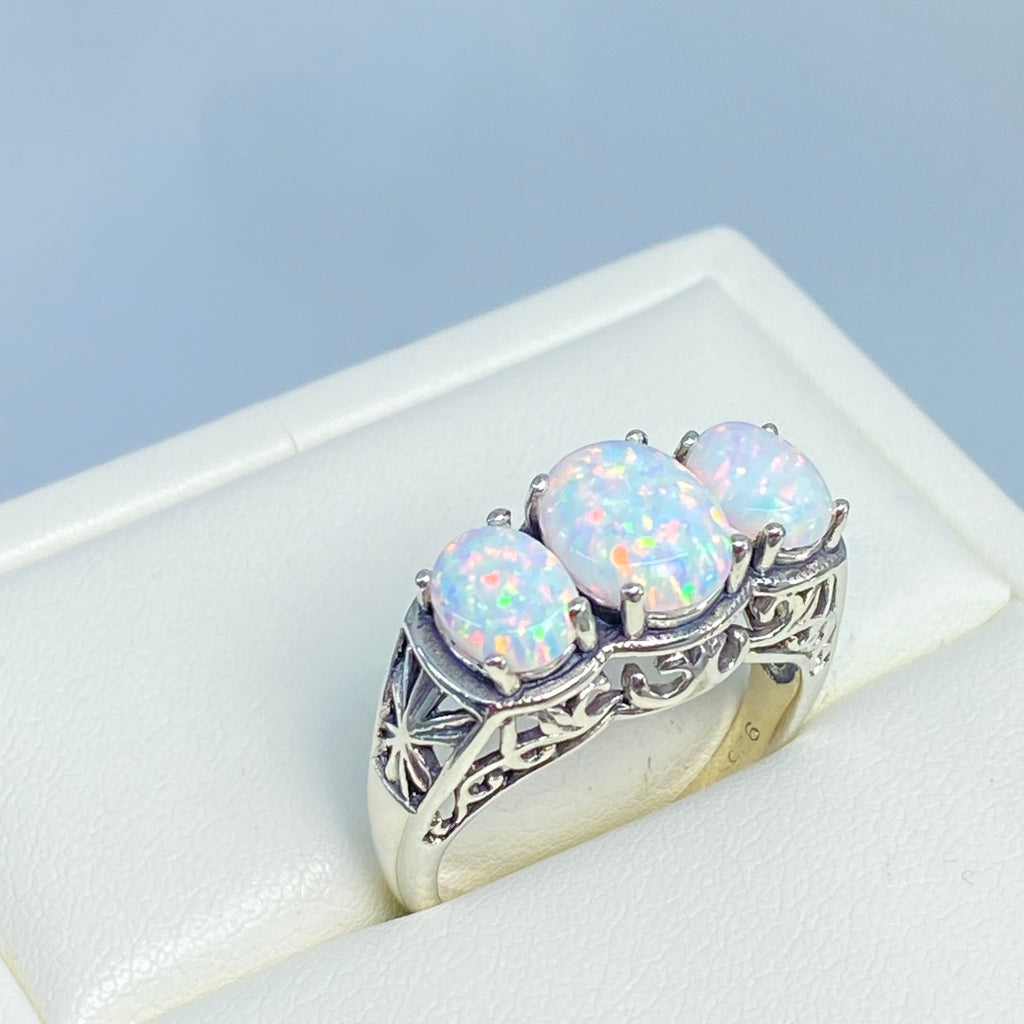 Rainbow Opal Ring, Triple 3-Stone design, sterling silver filigree, Art Deco Jewelry, D36, Silver Embrace Jewelry