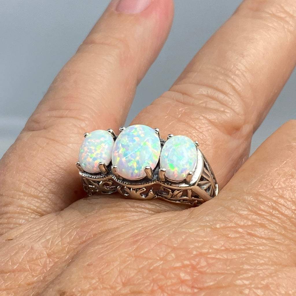 Rainbow Opal Ring, Triple 3-Stone design, sterling silver filigree, Art Deco Jewelry, D36, Silver Embrace Jewelry