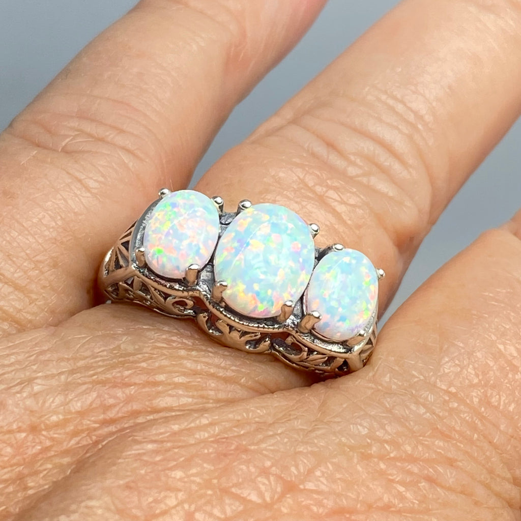 Rainbow Opal Ring, Triple 3-Stone design, sterling silver filigree, Art Deco Jewelry, D36, Silver Embrace Jewelry