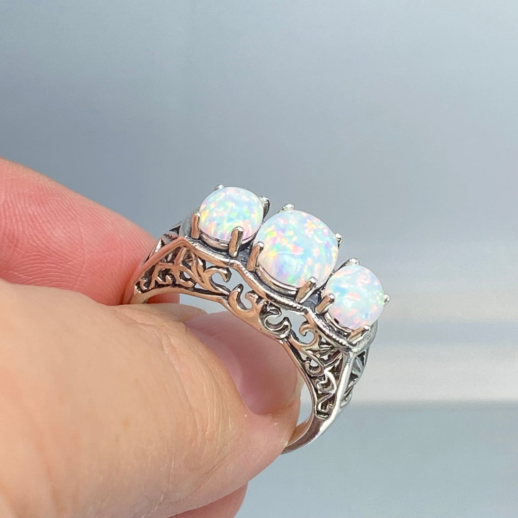 Rainbow Opal Ring, Triple 3-Stone design, sterling silver filigree, Art Deco Jewelry, D36, Silver Embrace Jewelry