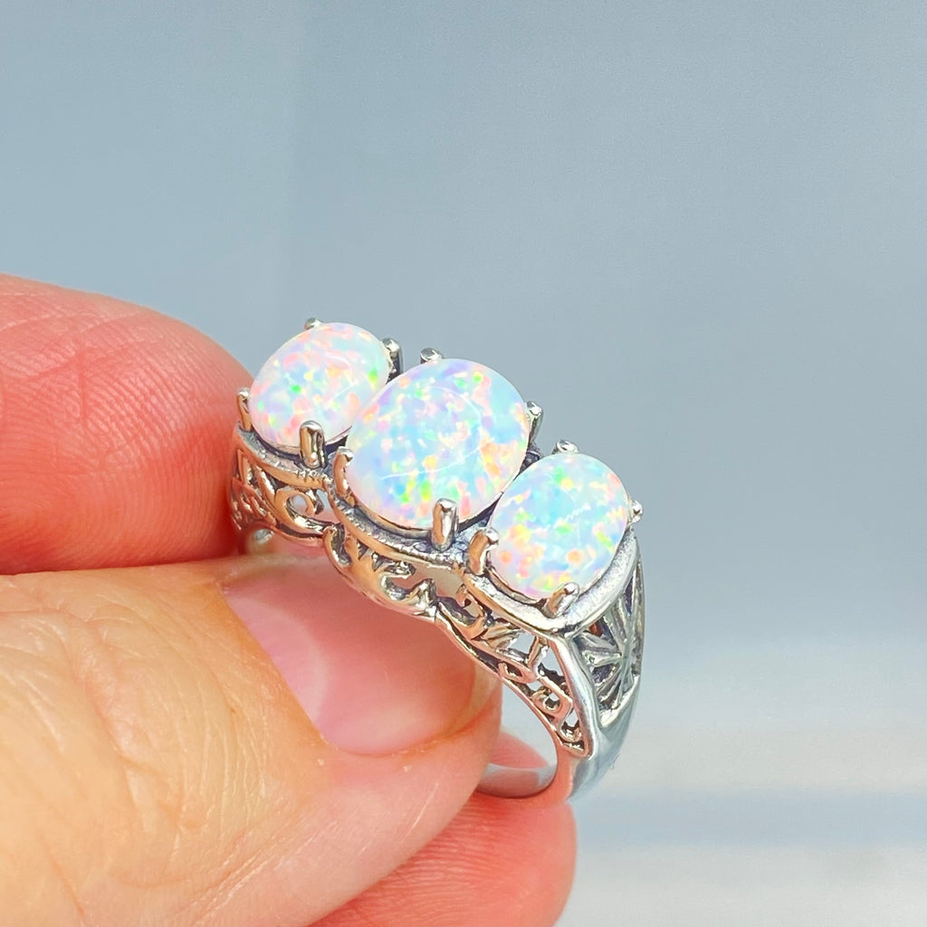 Rainbow Opal Ring, Triple 3-Stone design, sterling silver filigree, Art Deco Jewelry, D36, Silver Embrace Jewelry