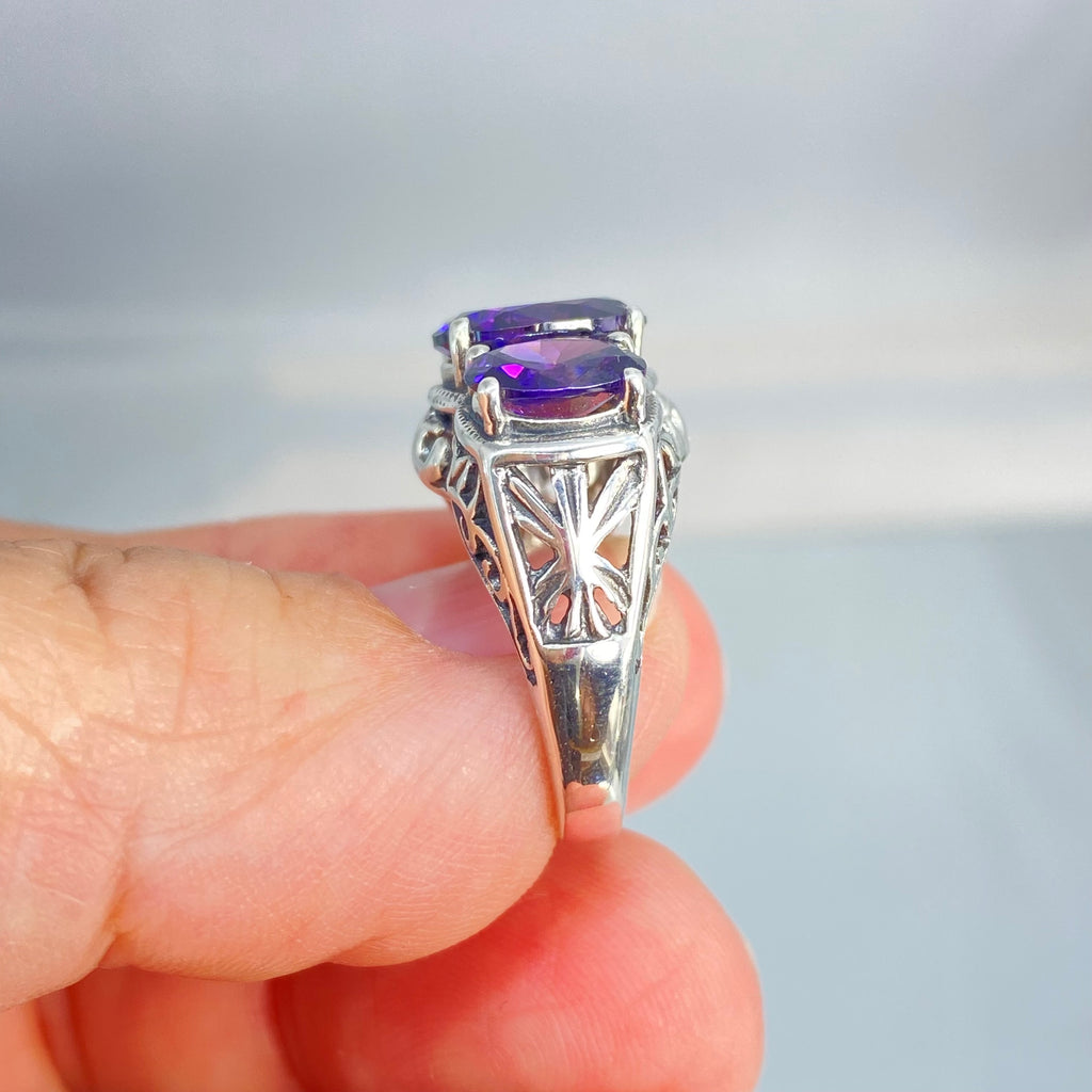 Purple Amethyst CZ Ring, three stone, Sterling silver filigree, Art Deco jewelry, Silver embrace Jewelry, D36, 3Stone Ring