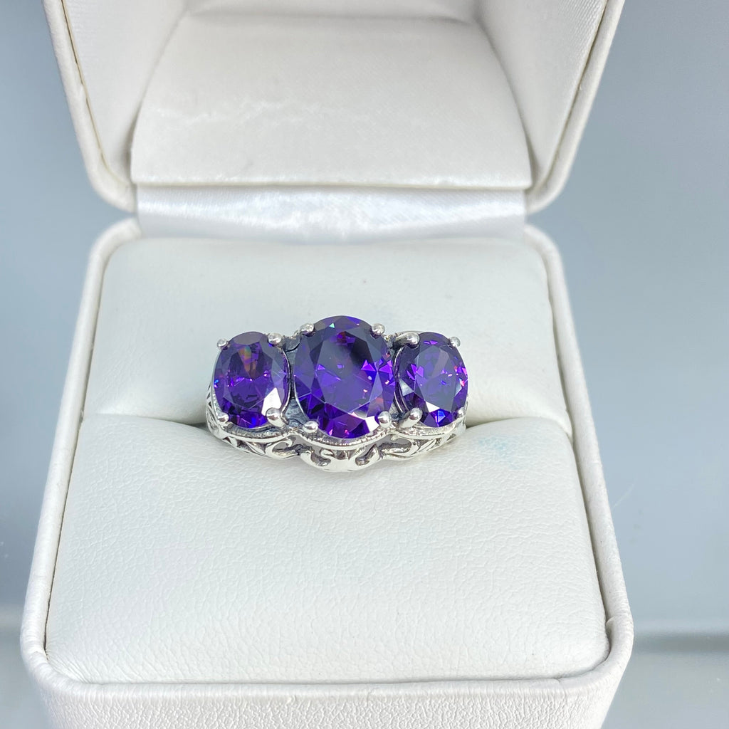 Purple Amethyst CZ Ring, three stone, Sterling silver filigree, Art Deco jewelry, Silver embrace Jewelry, D36, 3Stone Ring