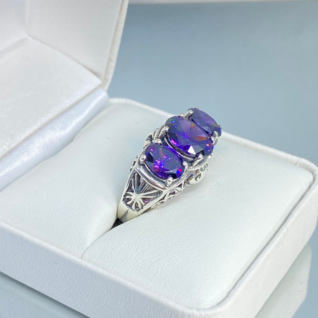 Purple Amethyst CZ Ring, three stone, Sterling silver filigree, Art Deco jewelry, Silver embrace Jewelry, D36, 3Stone Ring