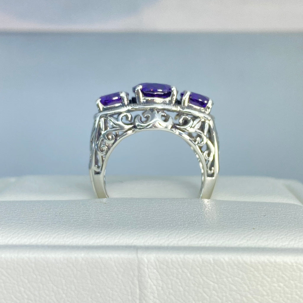 Purple Amethyst CZ Ring, three stone, Sterling silver filigree, Art Deco jewelry, Silver embrace Jewelry, D36, 3Stone Ring