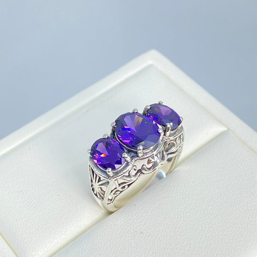 Purple Amethyst CZ Ring, three stone, Sterling silver filigree, Art Deco jewelry, Silver embrace Jewelry, D36, 3Stone Ring