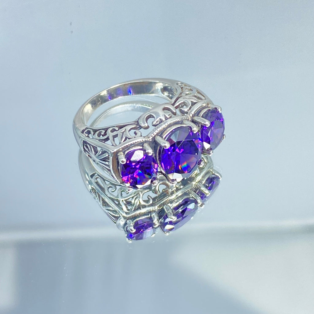 Purple Amethyst CZ Ring, three stone, Sterling silver filigree, Art Deco jewelry, Silver embrace Jewelry, D36, 3Stone Ring